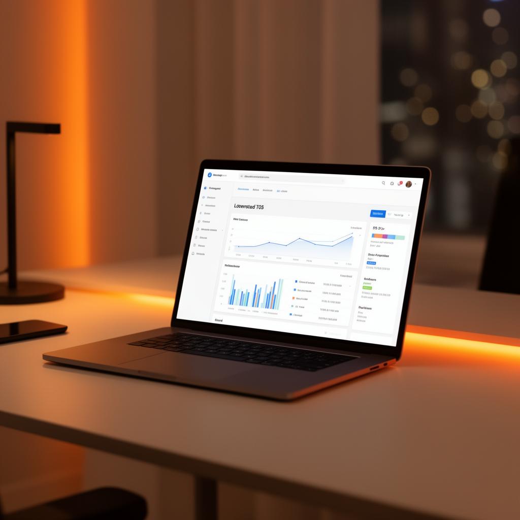 Modern workspace with laptop showing professional website analytics